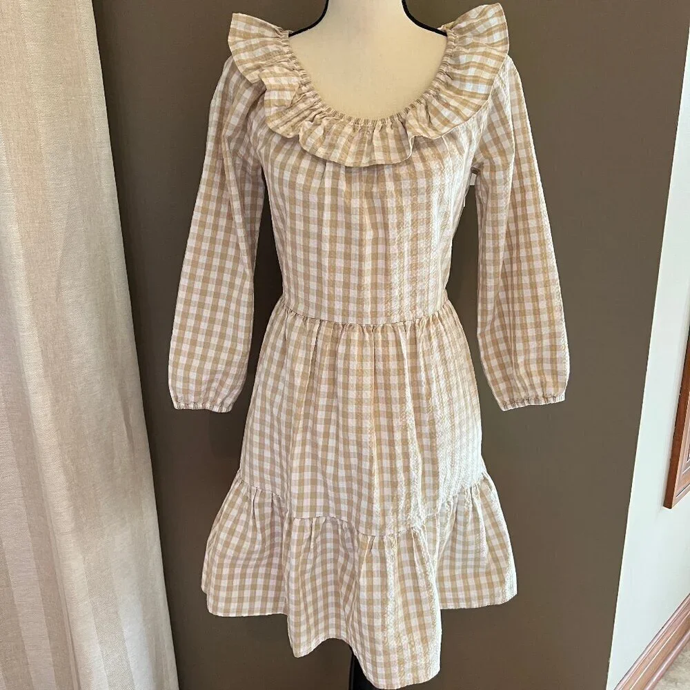 NWT J. Crew Seersucker Ruffleneck tiered mini dress, Sumner, Tan & White, Size 2